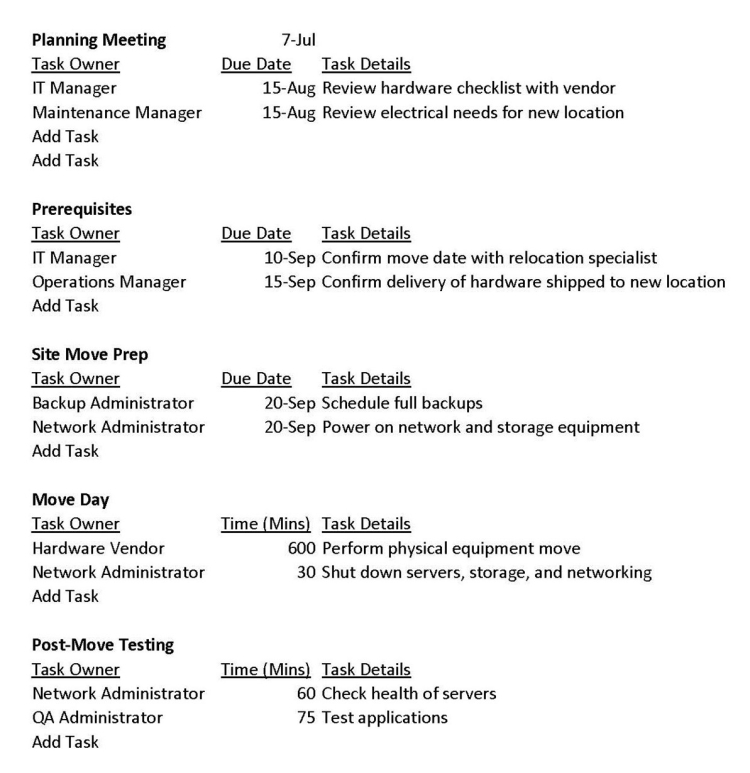 Data center relocation project plan