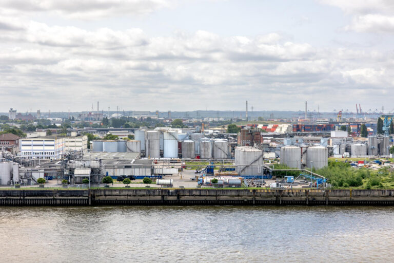 Industrial area in Maryland factory near water tanks and pipes